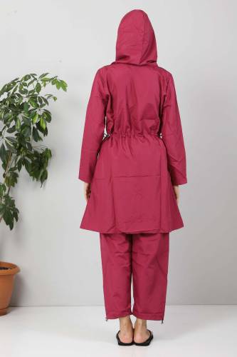 Önü Şeritli Tesettür Mayo TSD8803 Pembe - Siyah - 5
