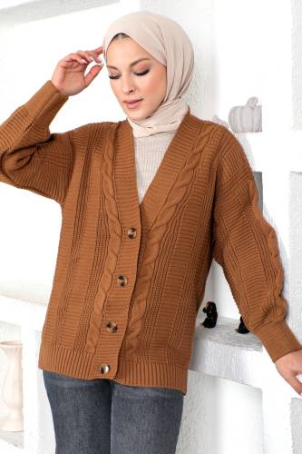 Örgü Desen Triko Hırka TSD230225 Kahverengi - Tesettür Dünyası (1)