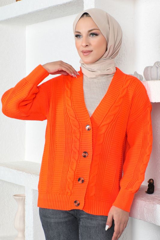 Örgü Desen Triko Hırka TSD230225 Turuncu - 3