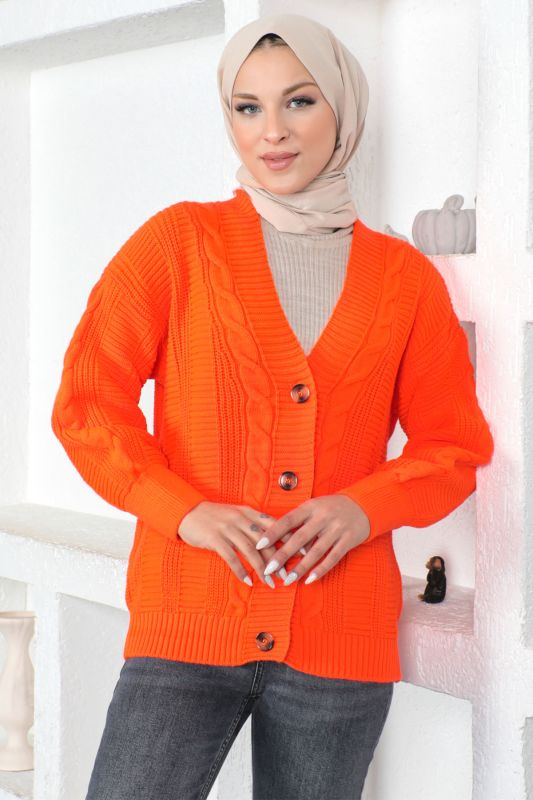 Örgü Desen Triko Hırka TSD230225 Turuncu - 1