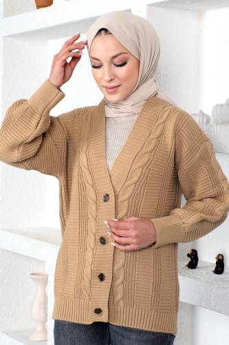 Örgü Desen Triko Hırka TSD230225 Vizon 