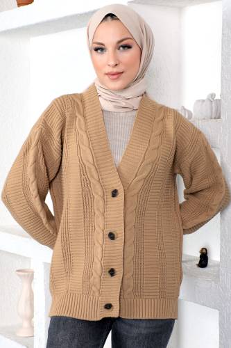 Örgü Desen Triko Hırka TSD230225 Vizon - 3