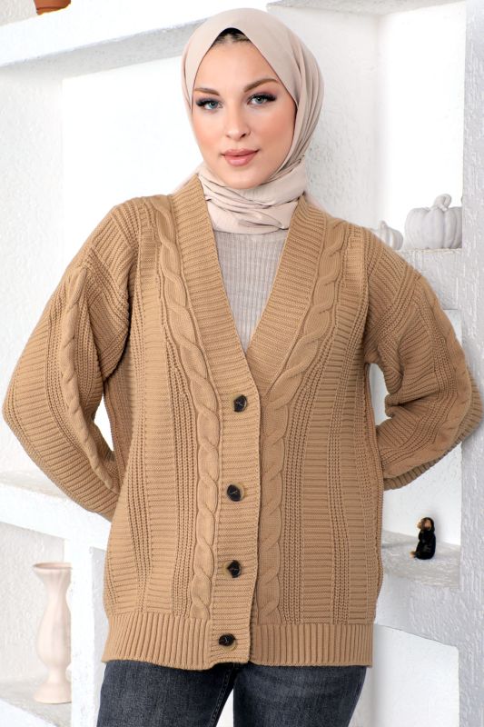 Örgü Desen Triko Hırka TSD230225 Vizon - 3