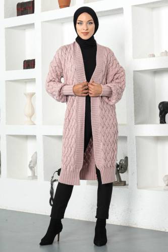 Örgü Desenli Triko Hırka TSD220714 Pudra 