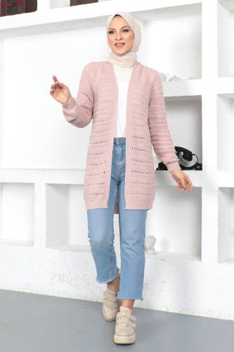 Örgülü Triko Hırka TSD230348 Pembe - Tesettür Dünyası (1)