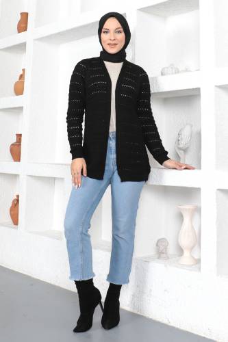 Örgülü Triko Hırka TSD230348 Siyah - Tesettür Dünyası (1)