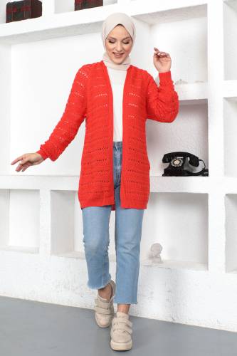 Örgülü Triko Hırka TSD230348 Turuncu - Tesettür Dünyası (1)