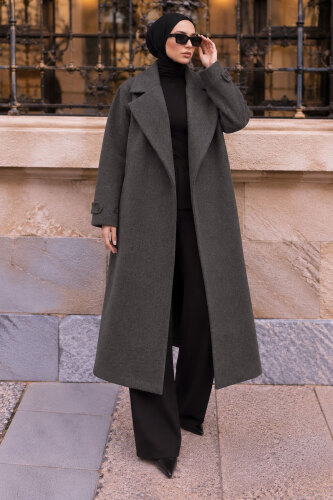 Oversize Kruvaze Yaka Kaşe Kaban TSD260391 Antrasit 