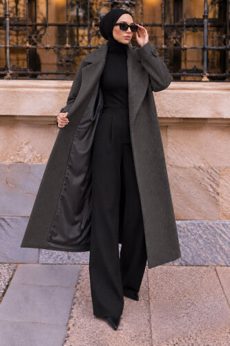 Oversize Kruvaze Yaka Kaşe Kaban TSD260391 Antrasit - 3