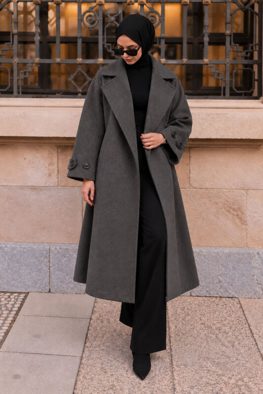 Oversize Kruvaze Yaka Kaşe Kaban TSD260391 Antrasit - 5