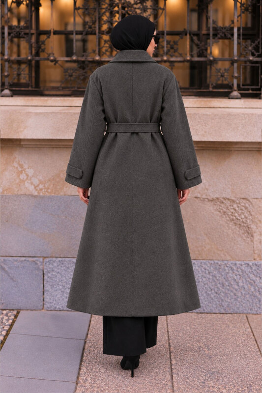 Oversize Kruvaze Yaka Kaşe Kaban TSD260391 Antrasit - 6