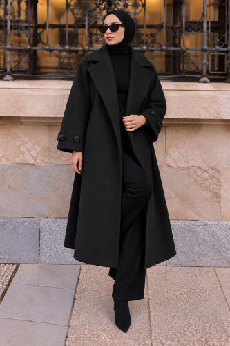 Oversize Kruvaze Yaka Kaşe Kaban TSD260391 Siyah - 1