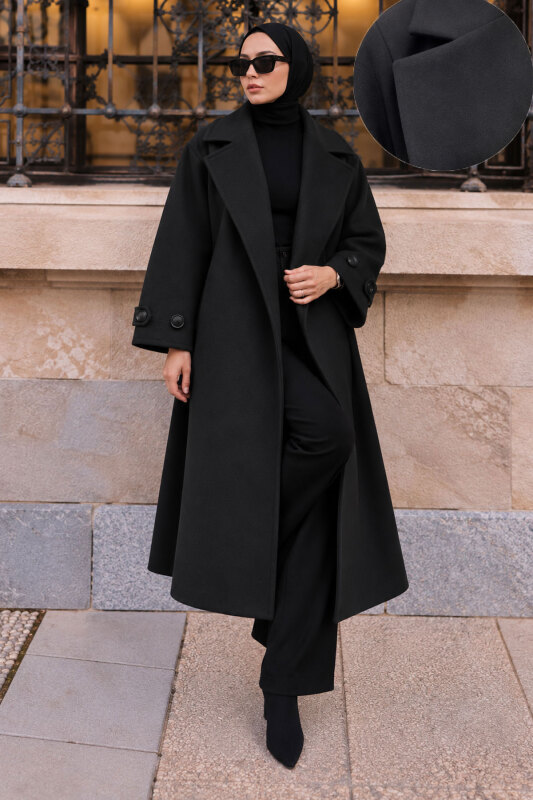 Oversize Kruvaze Yaka Kaşe Kaban TSD260391 Siyah - Tesettür Dünyası (1)