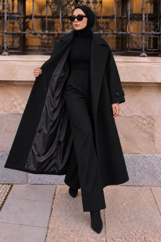 Oversize Kruvaze Yaka Kaşe Kaban TSD260391 Siyah - 4