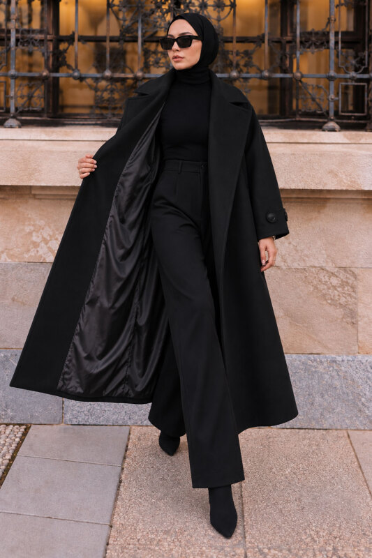 Oversize Kruvaze Yaka Kaşe Kaban TSD260391 Siyah - 4