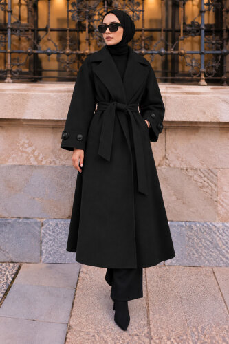Oversize Kruvaze Yaka Kaşe Kaban TSD260391 Siyah - 5
