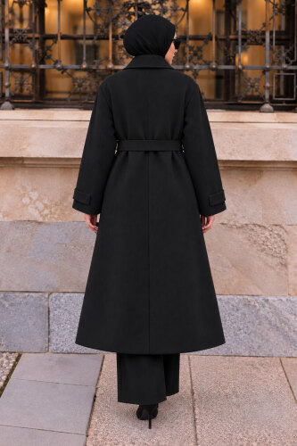Oversize Kruvaze Yaka Kaşe Kaban TSD260391 Siyah - 6