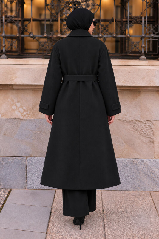 Oversize Kruvaze Yaka Kaşe Kaban TSD260391 Siyah - 6