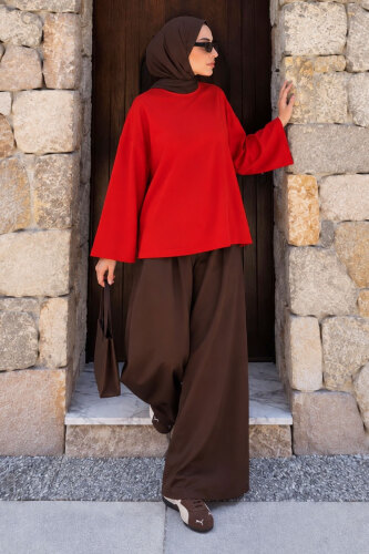 Oversize Oysho Sweat TSD260331 Kırmızı - Tesettür Dünyası (1)