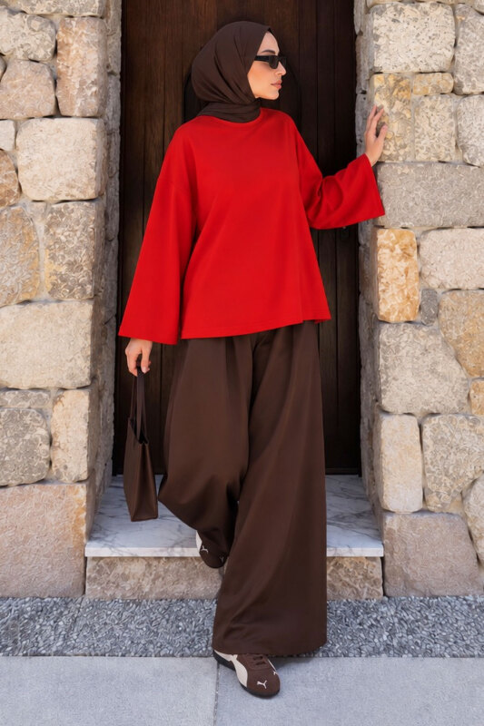 Oversize Oysho Sweat TSD260331 Kırmızı - Tesettür Dünyası (1)