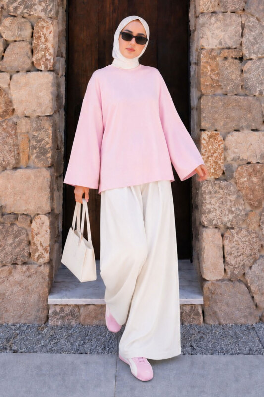 Oversize Oysho Sweat TSD260331 Pembe - Tesettür Dünyası (1)