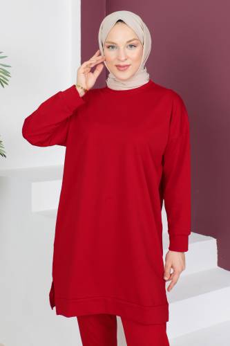 Paçası Lastikli İkili Takım TSD230538 Bordo - Tesettür Dünyası (1)