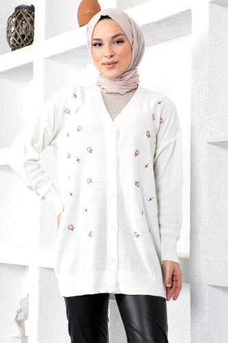 Papatya Desenli Triko Hırka TSD230207 Ekru 