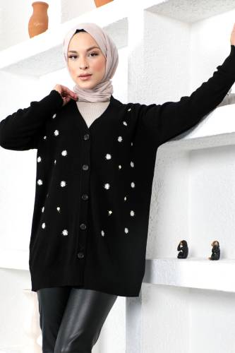 Papatya Desenli Triko Hırka TSD230207 Siyah - Tesettür Dünyası (1)
