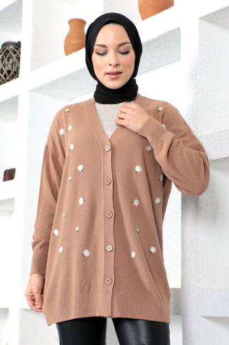 Papatya Desenli Triko Hırka TSD230207 Vizon 