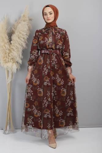 Papatya Desenli Tül Elbise TSD220802 Bordo 