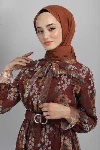 Papatya Desenli Tül Elbise TSD220802 Bordo - Tesettür Dünyası (1)