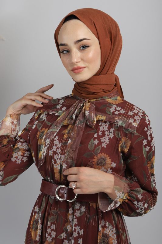 Papatya Desenli Tül Elbise TSD220802 Bordo - 2