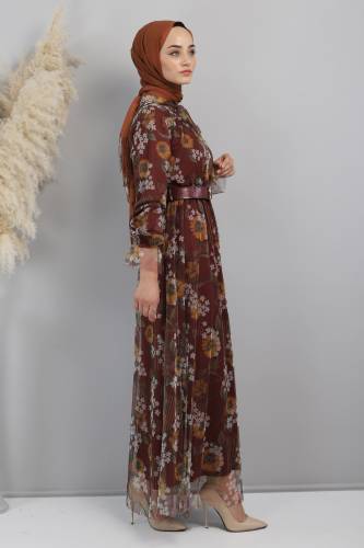 Papatya Desenli Tül Elbise TSD220802 Bordo - 3