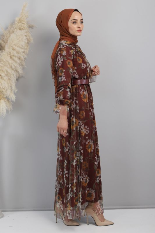 Papatya Desenli Tül Elbise TSD220802 Bordo - 3