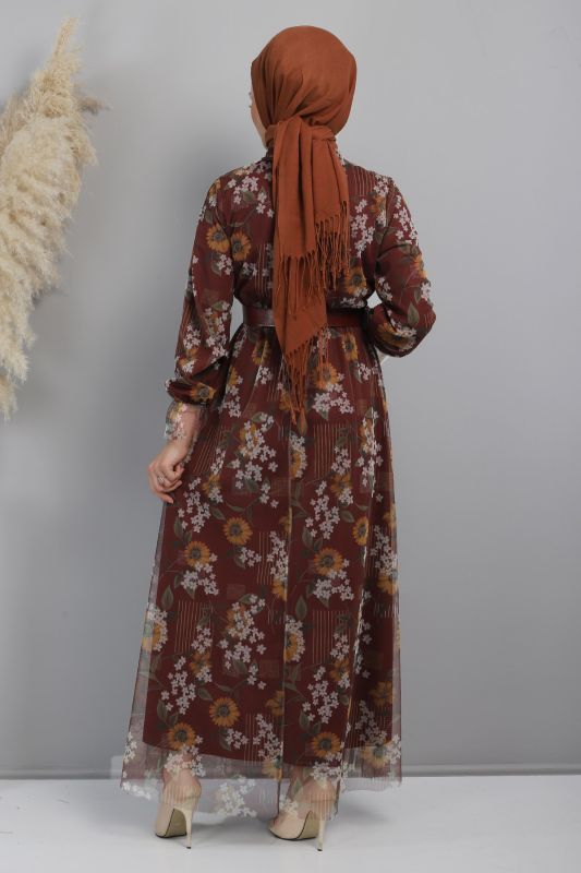 Papatya Desenli Tül Elbise TSD220802 Bordo - 4