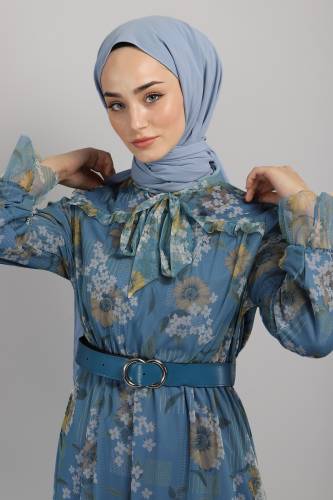 Papatya Desenli Tül Elbise TSD220802 Mavi - Tesettür Dünyası (1)