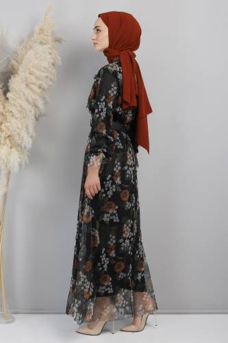 Papatya Desenli Tül Elbise TSD220802 Siyah - 4