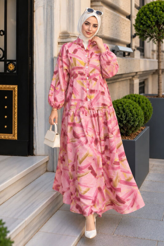 Pat Detaylı Desenli Elbise TSD260376 Pembe - Tesettür Dünyası
