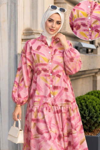Pat Detaylı Desenli Elbise TSD260376 Pembe - 2