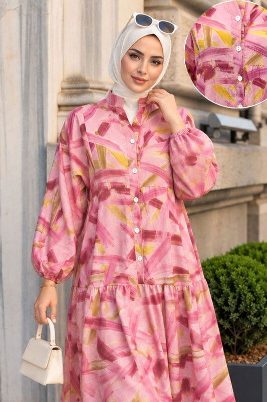 Pat Detaylı Desenli Elbise TSD260376 Pembe - Tesettür Dünyası (1)
