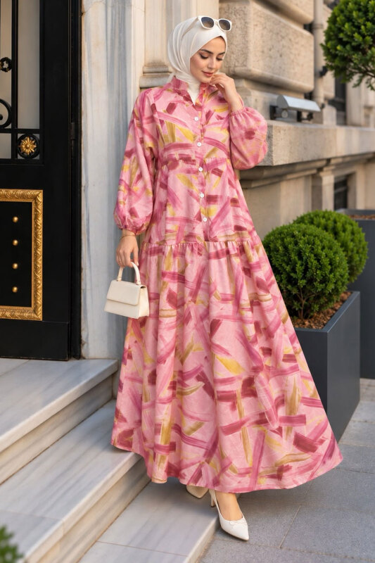 Pat Detaylı Desenli Elbise TSD260376 Pembe - 3