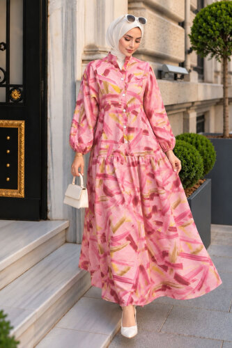 Pat Detaylı Desenli Elbise TSD260376 Pembe - 5