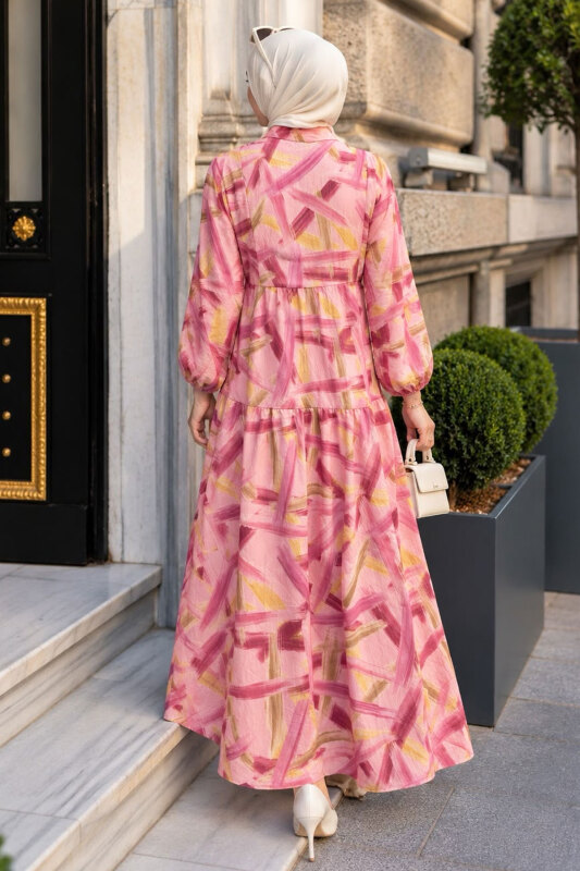 Pat Detaylı Desenli Elbise TSD260376 Pembe - 6