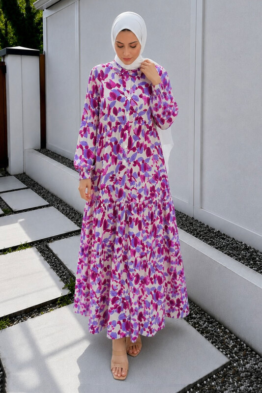 Pat Detaylı Yaprak Desenli Elbise TSD260261 Fuşya - 3