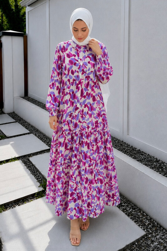 Pat Detaylı Yaprak Desenli Elbise TSD260261 Fuşya - 5