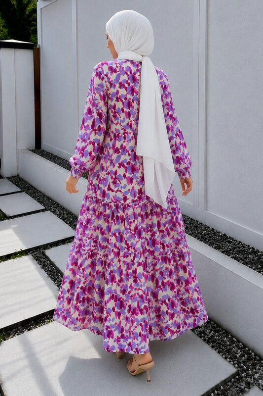 Pat Detaylı Yaprak Desenli Elbise TSD260261 Fuşya - 6