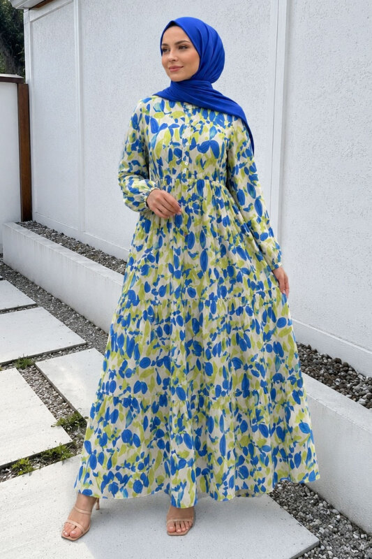 Pat Detaylı Yaprak Desenli Elbise TSD260261 Mavi - 3