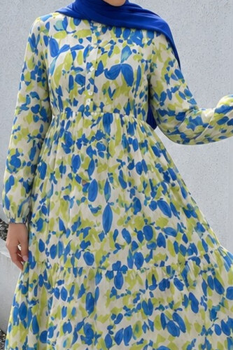 Pat Detaylı Yaprak Desenli Elbise TSD260261 Mavi - 4