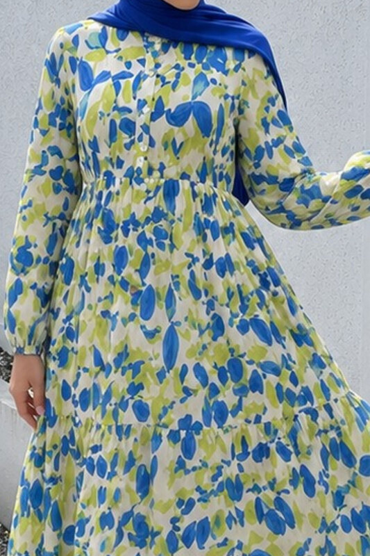 Pat Detaylı Yaprak Desenli Elbise TSD260261 Mavi - 4