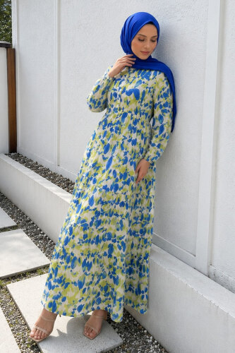 Pat Detaylı Yaprak Desenli Elbise TSD260261 Mavi - 5